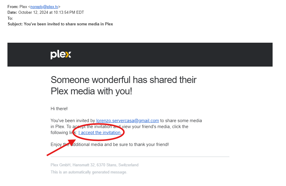Plex Invitation Email